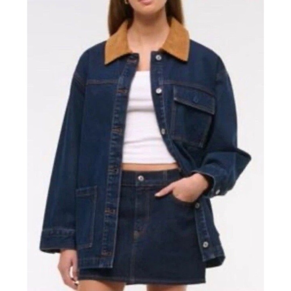 Abercrombie & Fitch Denim Jacket Womens Small Corduroy Collar Barn Coat Pockets - Picture 4 of 7